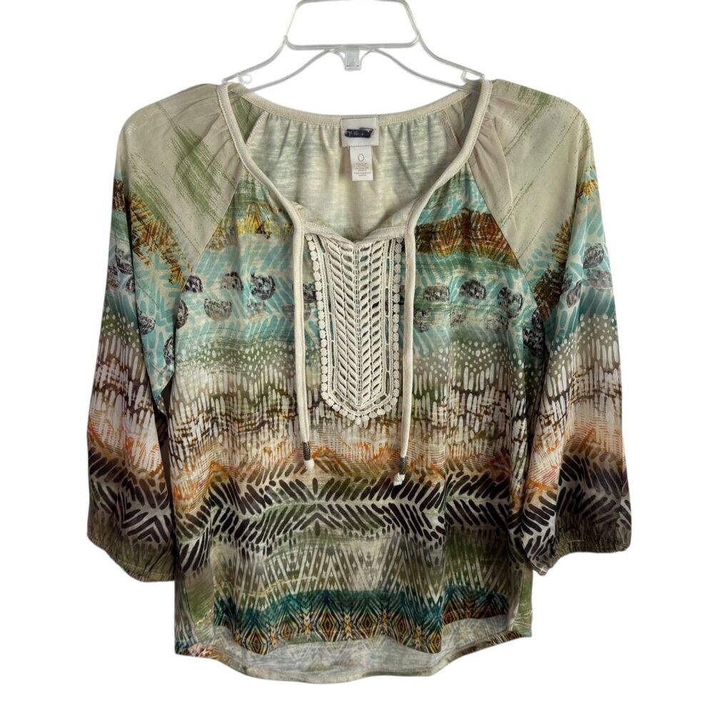 Chicos Women's Top Blouse Size 0 Small Beige Print Tie Neck 3/4 Sleeves